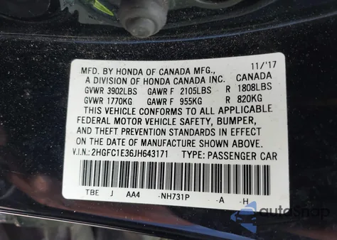2018 Honda Civic Ex-T from USA, damaged, VIN 2HGFC1E36JH643171